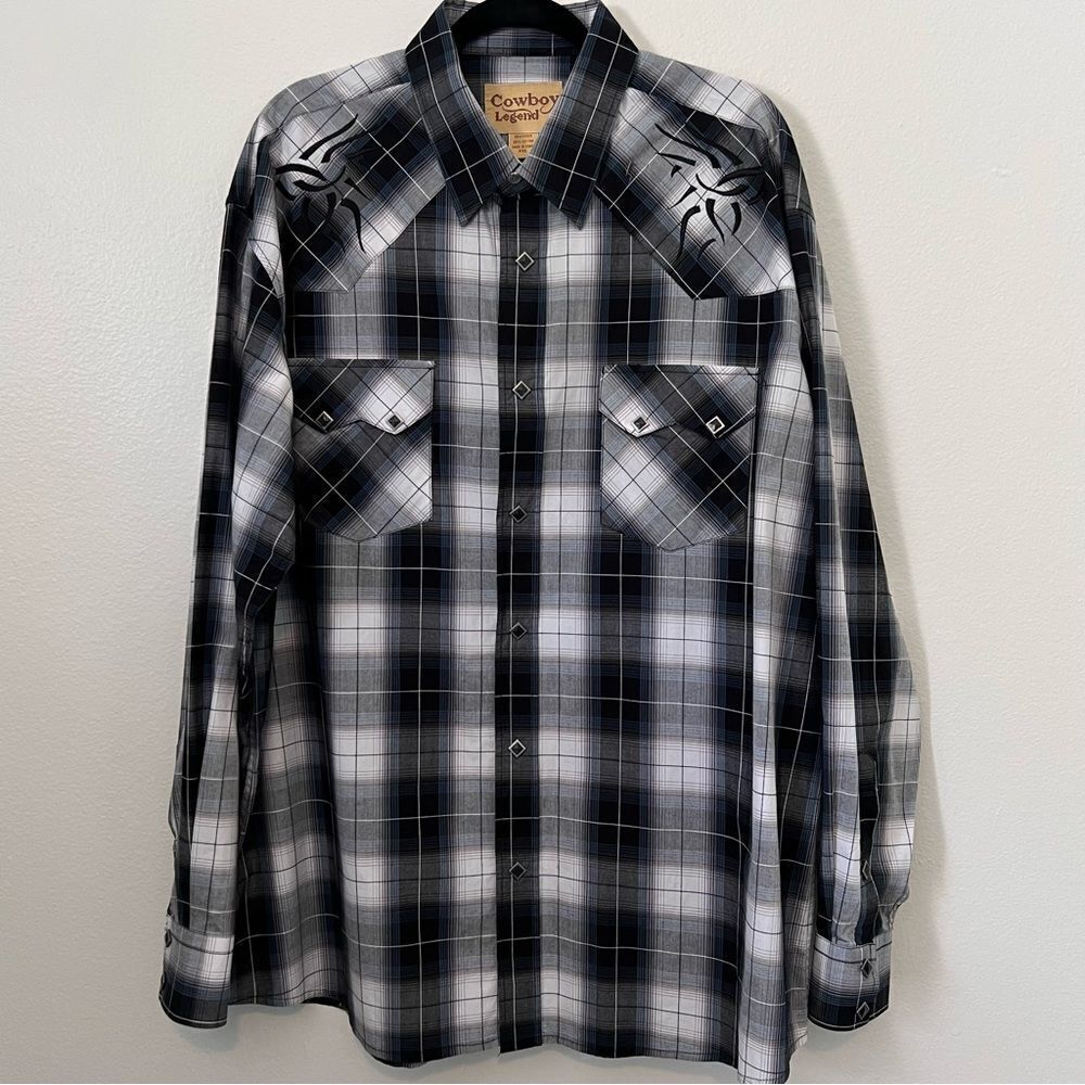 Cowboy Legend Shirt Black Pearl Snap Western Men's XXL Long Sleeve Black Plaid